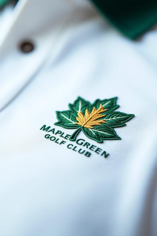 Close-up of a polo shirt with the Maple Green embroidered logo