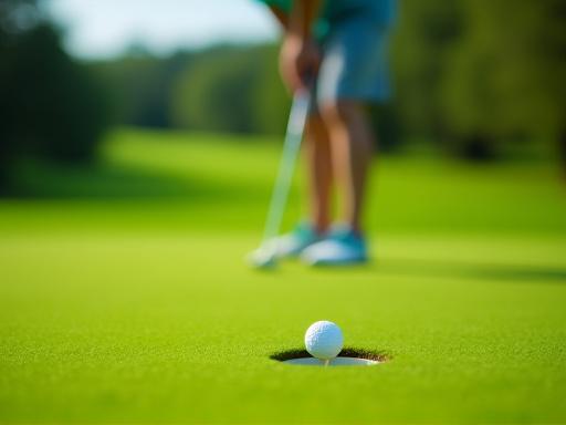 A golfer lining up a putt on a green